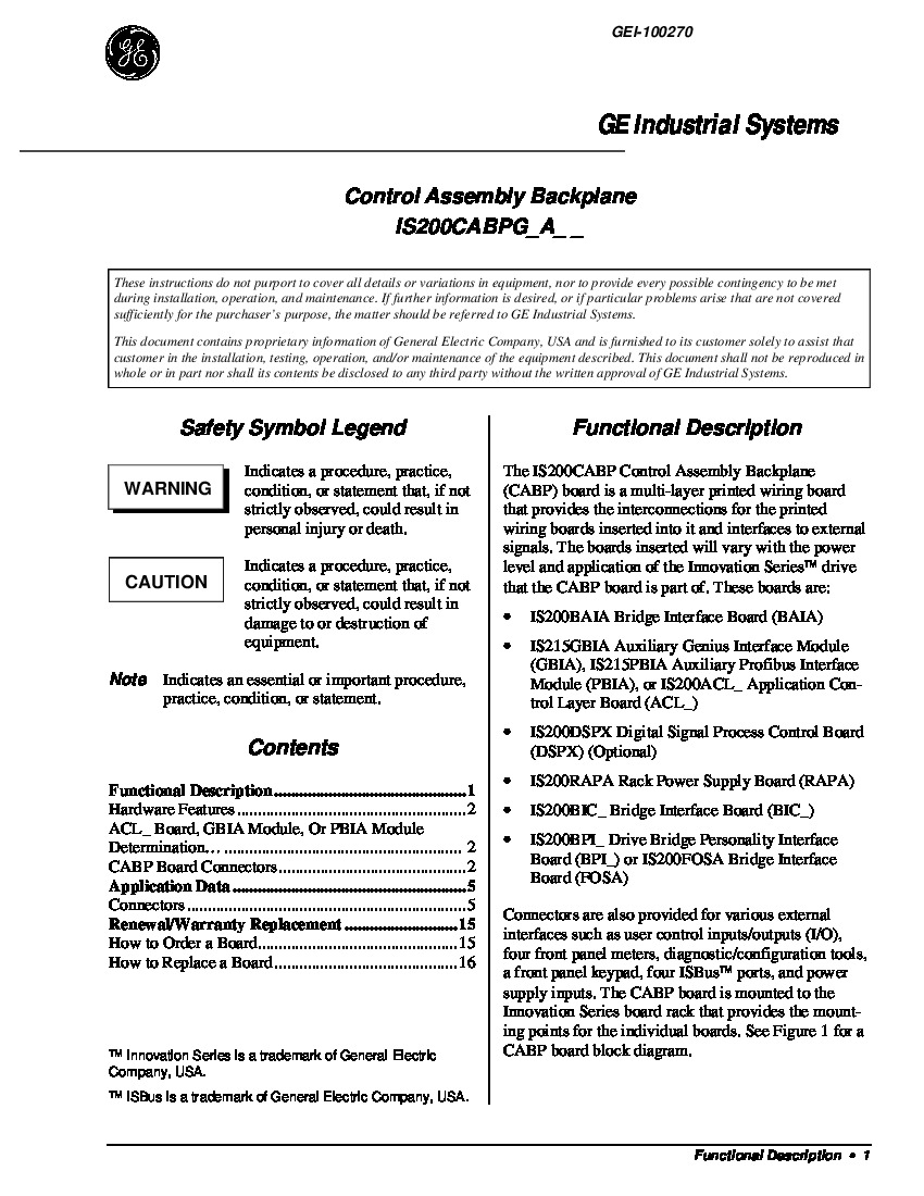 First Page Image of IS200FOSAG1A GEI-100270 Control Assembly Backplane Data Sheet.pdf
